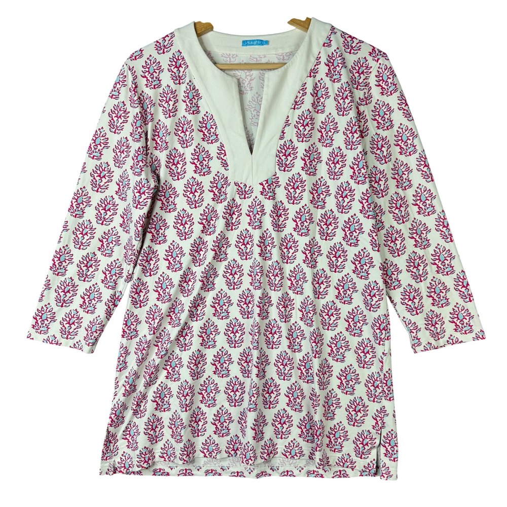 J.McLaughlin Catalina Cloth Tunic Top Size L Pink Blue Medallion Print V-Neck